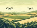 Two drones hover over golden wheatbarley fields, with gentle rolling hills and a reflective surface in the background