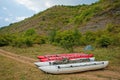 Two drying inflatable raft catamarans Royalty Free Stock Photo