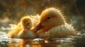 Two ducklings swim in water, with feathers and beaks visible Royalty Free Stock Photo