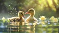 Two ducklings swimming in a pond with water lilies Royalty Free Stock Photo