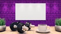 Two Dumbbells and a cup of coffee on a wooden table. Mosk up Poster on the purple brick wall. 3d illustration