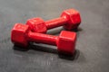 Two dumbbells in a silicone shell of red color lie on the gray floor