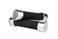 Two dumbbells on white background isolated close up, metal barbells with black arm set, pair of iron fitness bar-bells, sport