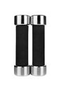 Two dumbbells on white background isolated close up, metal barbells with black arm set, pair of iron fitness bar-bells, sport