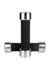 Two dumbbells on white background isolated close up, metal barbells with black arm set, pair of iron fitness bar-bells, sport