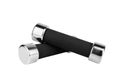 Two dumbbells on white background isolated close up, metal barbells with black arm set, pair of iron fitness bar-bells, sport