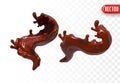 Two dynamic splashes of brown chocolate liquid, background isolated. Fluid motion is captured with realistic 3D effects