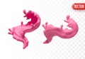 Two dynamic splashes of pink liquid, resembling yogurt, background isolated. Fluid motion is captured with realistic 3D