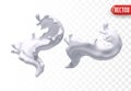 Two dynamic splashes of white liquid, resembling milk, background isolated. Fluid motion is captured with realistic 3D