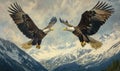 Two eagles flying in the sky above a mountain range Royalty Free Stock Photo
