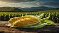 Two Ears Of Corn Resting On Wooden Table With A Vast Cornfield And Mountains Under A Cloudy Sky Royalty Free Stock Photo