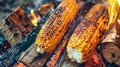 Two ears of corn, roasted over an open fire, are placed on charred wooden logs Royalty Free Stock Photo