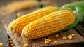 Two ears of corn on a wooden cutting board with seeds, AI Royalty Free Stock Photo