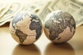 Two earth globes on a background of a pile of dollars bills money. International investment, money around world concept. Global Royalty Free Stock Photo