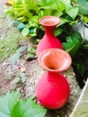 Two earthen pots in red color placed side by side in a garden