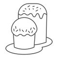 Two Easter bread on plate thin line icon. Traditional Paschal dessert outline style pictogram on white background