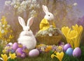 Two Easter bunnies surrounded by a garden in full bloom