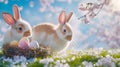 Two Easter bunny rabbits and Easter eggs in the nest on green grass field in spring. generative ai Royalty Free Stock Photo
