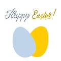Two easter eggs in blue and yellow color as a symbol of Ukraine frag. Happy easter greeting. Hand drawn vector flat illustration