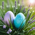 two Easter eggs in grass with purple flowers in sunshine. Easter greeting card. Concept: Easter celebration, springtime Royalty Free Stock Photo