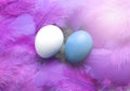 Two Easter eggs in a nest of feathers. White and blue egg on purple fluffy background. Easter spring composition.