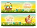 Two Easter Sale banners. Colorful eggs and chocolate bunny