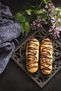 Two eclair on a black background Royalty Free Stock Photo