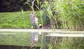 Two ecologist getting samples of water in city park