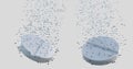 Two effervescent pills dissolve in water releasing bubbles. 3D rendering