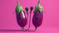 Two eggplants using their stems as microphones belting out a duet of a clic disco hit