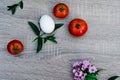 one egg, berries, three red tomatoes and mint, objective photography