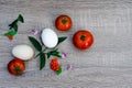 two eggs, berries, three red tomatoes and mint, objective photography