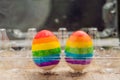 Two eggs are colored in the colors of the rainbow as a flag of g Royalty Free Stock Photo