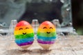 Two eggs are colored in the colors of the rainbow as a flag of gays and lesbians as well as Easter eggs. Homosexual concept Royalty Free Stock Photo