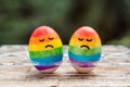 Two eggs are colored in the colors of the rainbow as a flag of gays and lesbians as well as Easter eggs. Homosexual concept Royalty Free Stock Photo