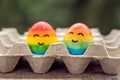 Two eggs are colored in the colors of the rainbow as a flag of gays and lesbians as well as Easter eggs. Homosexual Royalty Free Stock Photo