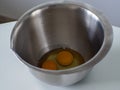 Two eggs in metalic bowl