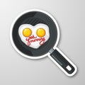 Two eggs in a pan in the form of heart. Good morning. Cartoon sticker in comic style with contour Royalty Free Stock Photo