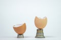 Two eggshells on coins. Pension savings. Investment strategy and passive income plan.