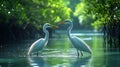 Two egrets interact in mangrove swamp at sunrise Royalty Free Stock Photo