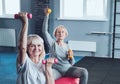 Two elderly ladies lifting weights while training in gym Royalty Free Stock Photo