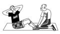 Two elderly men exercising, one doing abs exercises, another assisting with holding feet. Black and white linear vector