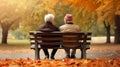 Two elderly people sitting on a bench in a park. AI generative image