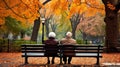 Two elderly people sitting on a bench in a park. AI generative image