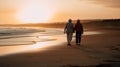 Two elderly people walking on the beach at sunset. AI generative image Royalty Free Stock Photo