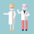 Two elderly personage, a man and a woman in white coats. Physicians, scientists or chemists. Vector illustration in flat