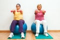 Two elderly women doing muscle exercises with weights in gym. Royalty Free Stock Photo