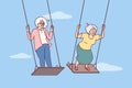 Two elderly women enjoy swinging and enjoying happy old age and not having to go to work