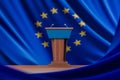 Two election debate tables over EU flag background
