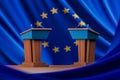 Two election debate tables over EU flag background